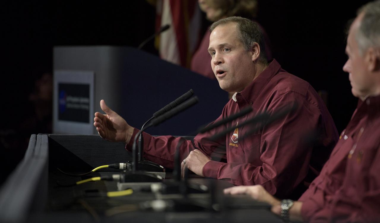 NASA Administrator Jim Bridenstine gives remarks during a Mars InSight post-landing press conference, Monday, Nov. 26, 2018 at NASA's Jet Propulsion Laboratory in Pasadena, California. InSight, short for Interior Exploration using Seismic Investigations, Geodesy and Heat Transport, is a Mars lander designed to study the "inner space" of Mars: its crust, mantle, and core. Photo Credit: (NASA/Bill Ingalls)