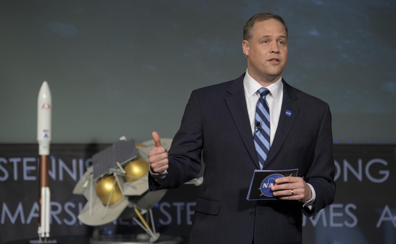 NASA Administrator Jim Bridenstine announces the nine U.S. companies that are eligible to bid on NASA delivery services to the lunar surface through Commercial Lunar Payload Services (CLPS) contracts, Thursday, Nov. 29, 2018 at NASA Headquarters in Washington. The companies will be able to bid on delivering science and technology payloads for NASA, including payload integration and operations, launching from Earth and landing on the surface of the Moon. NASA expects to be one of many customers that will use these commercial landing services. Photo Credit: (NASA/Bill Ingalls)