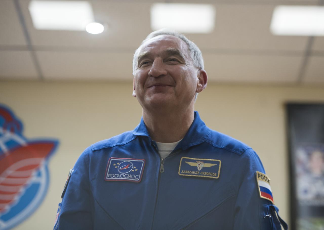 Expedition 58 backup crew member, Soyuz Commander Alexander Skvortsov of Roscosmos, is recognized during a press conference, Sunday, Dec. 2, 2018 at the Cosmonaut Hotel in Baikonur, Kazakhstan. Launch of the Soyuz rocket is scheduled for Dec. 3 and will carry Soyuz Commander Oleg Kononenko of Roscosmos, Flight Engineer Anne McClain of NASA, and Flight Engineer David Saint-Jacques of the Canadian Space Agency (CSA) into orbit to begin their six and a half month mission on the International Space Station. Photo Credit: (NASA/Aubrey Gemignani).
