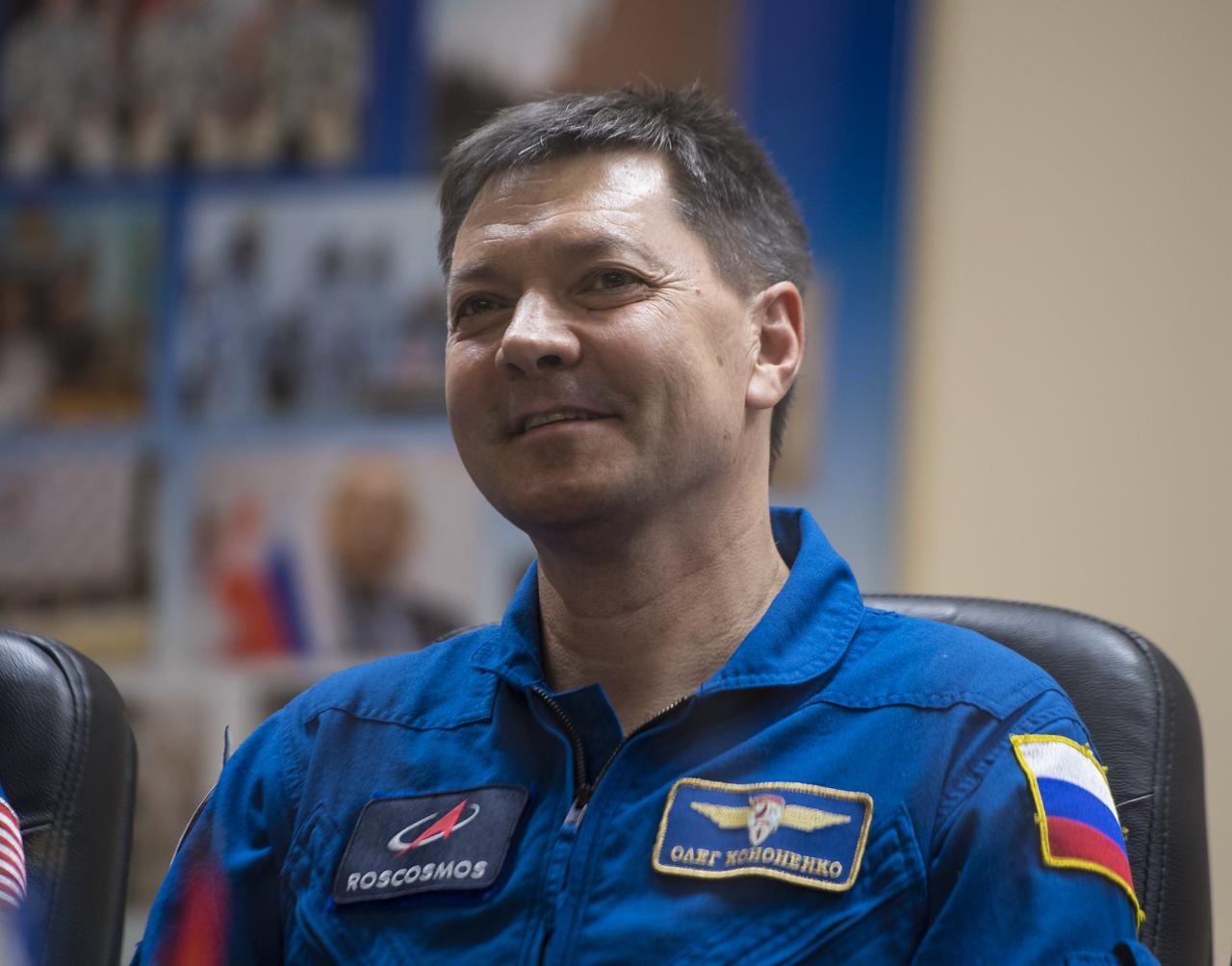 Expedition 58 Soyuz Commander Oleg Kononenko of Roscosmos, reacts during a press conference, Sunday, Dec. 2, 2018 at the Cosmonaut Hotel in Baikonur, Kazakhstan. Launch of the Soyuz rocket is scheduled for Dec. 3 and will carry Kononenko, Flight Engineer Anne McClain of NASA, and Flight Engineer David Saint-Jacques of the Canadian Space Agency (CSA) into orbit to begin their six and a half month mission on the International Space Station. Photo Credit: (NASA/Aubrey Gemignani).