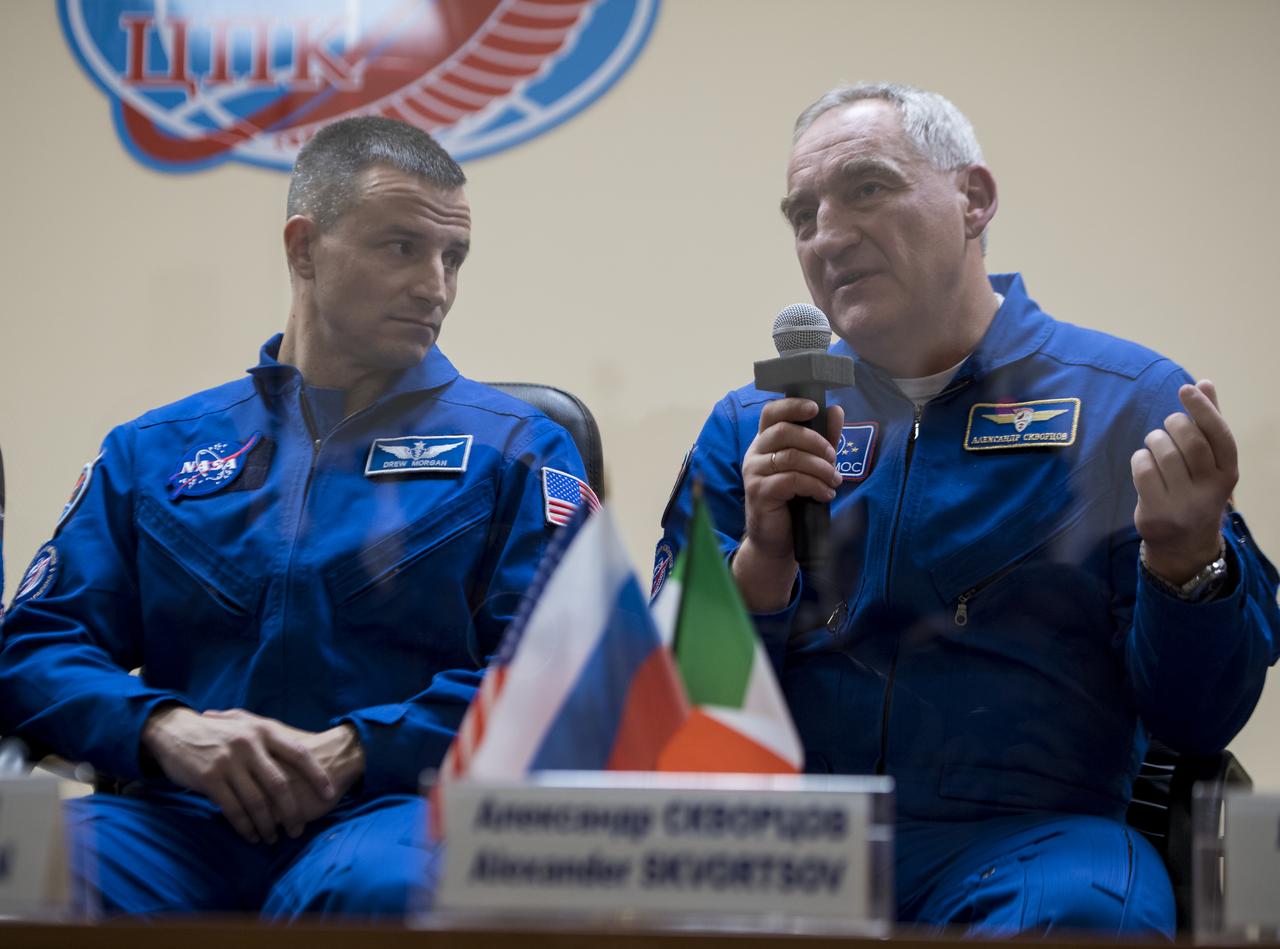 Expedition 58 backup crew member, Soyuz Commander Alexander Skvortsov of Roscosmos, right, speaks during a press conference, Sunday, Dec. 2, 2018 at the Cosmonaut Hotel in Baikonur, Kazakhstan. Launch of the Soyuz rocket is scheduled for Dec. 3 and will carry Expedition 58 prime crew members, Soyuz Commander Oleg Kononenko of Roscosmos, Flight Engineer Anne McClain of NASA, and Flight Engineer David Saint-Jacques of the Canadian Space Agency (CSA) into orbit to begin their six and a half month mission on the International Space Station. Photo Credit: (NASA/Aubrey Gemignani).