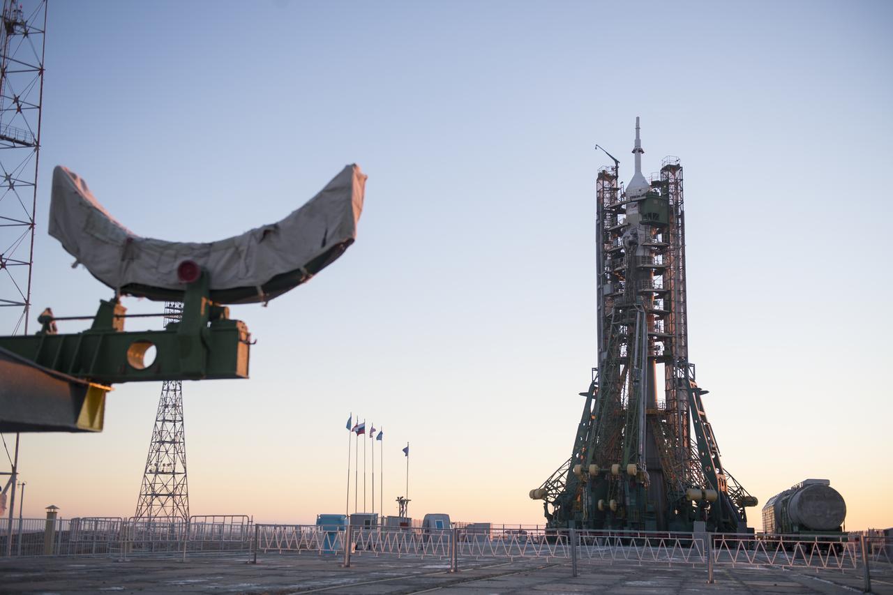 The Soyuz booster rocket and MS-11 spacecraft is seen on the launch pad Sunday, Dec. 2, 2018 at the Baikonur Cosmodrome in Kazakhstan. Launch of the Soyuz rocket is scheduled for Dec. 3 and will carry Expedition 58 Soyuz Commander Oleg Kononenko of Roscosmos, Flight Engineer Anne McClain of NASA, and Flight Engineer David Saint-Jacques of the Canadian Space Agency (CSA) into orbit to begin their six and a half month mission on the International Space Station. Photo Credit: (NASA/Aubrey Gemignani)