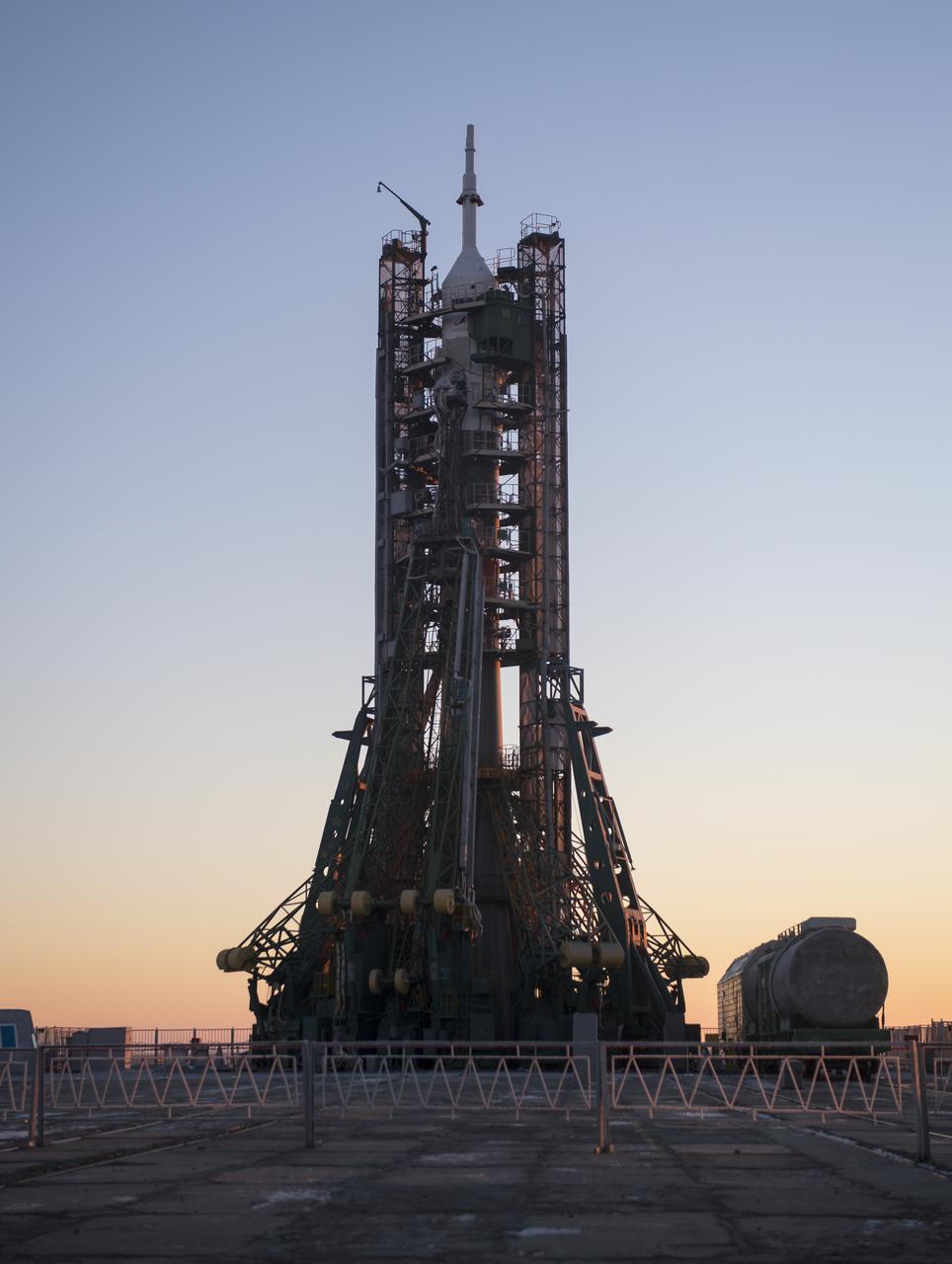 The Soyuz booster rocket and MS-11 spacecraft is seen on the launch pad Sunday, Dec. 2, 2018 at the Baikonur Cosmodrome in Kazakhstan. Launch of the Soyuz rocket is scheduled for Dec. 3 and will carry Expedition 58 Soyuz Commander Oleg Kononenko of Roscosmos, Flight Engineer Anne McClain of NASA, and Flight Engineer David Saint-Jacques of the Canadian Space Agency (CSA) into orbit to begin their six and a half month mission on the International Space Station. Photo Credit: (NASA/Aubrey Gemignani)