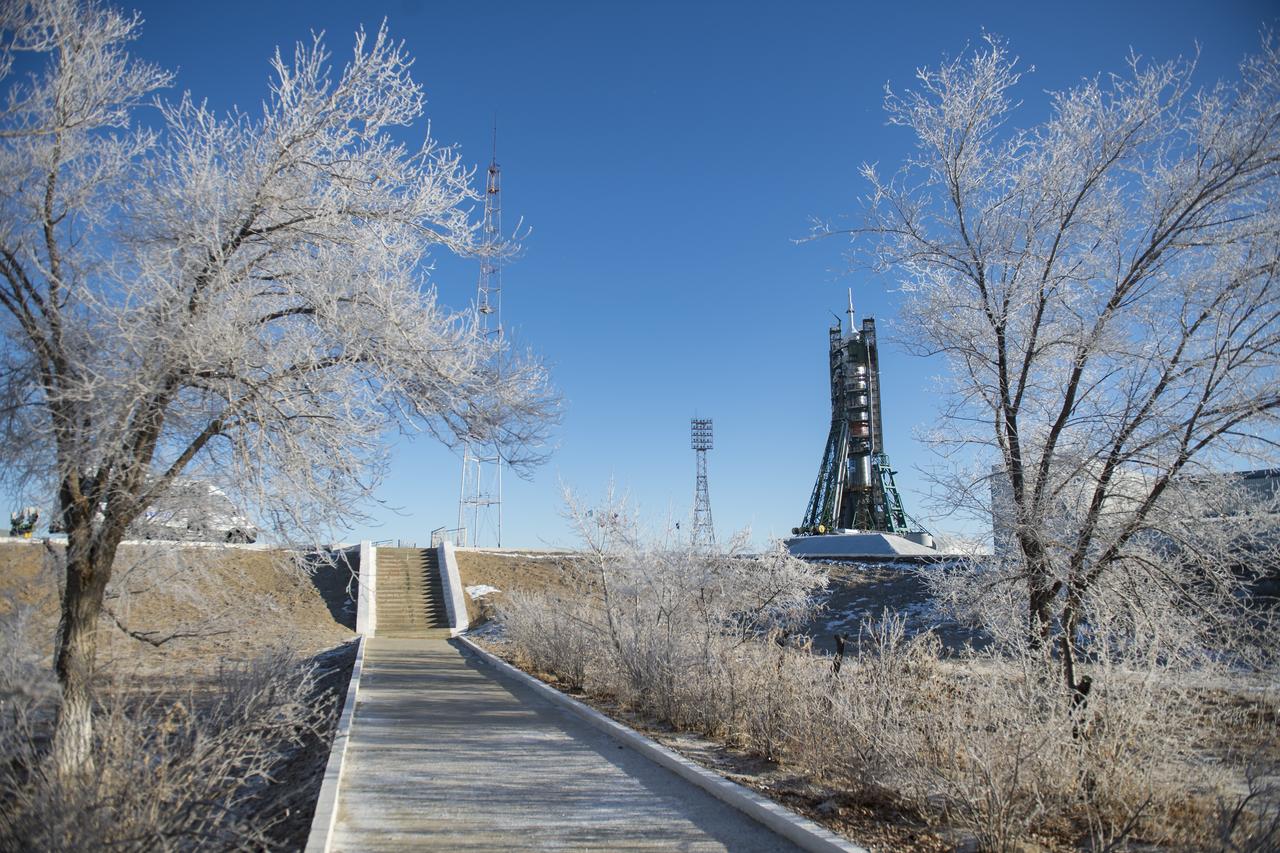 The Soyuz booster rocket and MS-11 spacecraft is seen on the launch pad Sunday, Dec. 2, 2018 at the Baikonur Cosmodrome in Kazakhstan. Launch of the Soyuz rocket is scheduled for Dec. 3 and will carry Expedition 58 Soyuz Commander Oleg Kononenko of Roscosmos, Flight Engineer Anne McClain of NASA, and Flight Engineer David Saint-Jacques of the Canadian Space Agency (CSA) into orbit to begin their six and a half month mission on the International Space Station. Photo Credit: (NASA/Aubrey Gemignani)