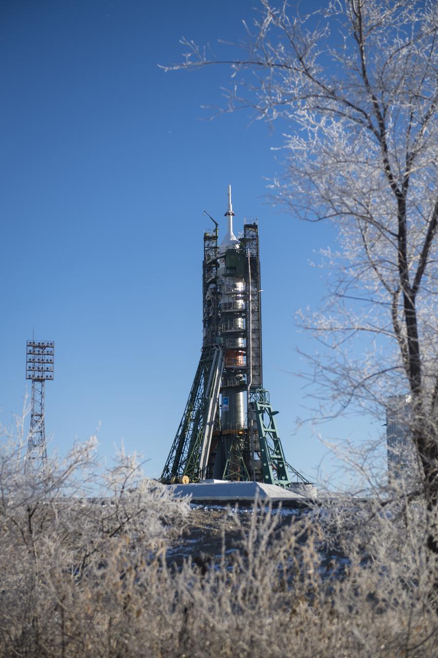 The Soyuz booster rocket and MS-11 spacecraft is seen on the launch pad Sunday, Dec. 2, 2018 at the Baikonur Cosmodrome in Kazakhstan. Launch of the Soyuz rocket is scheduled for Dec. 3 and will carry Expedition 58 Soyuz Commander Oleg Kononenko of Roscosmos, Flight Engineer Anne McClain of NASA, and Flight Engineer David Saint-Jacques of the Canadian Space Agency (CSA) into orbit to begin their six and a half month mission on the International Space Station. Photo Credit: (NASA/Aubrey Gemignani)