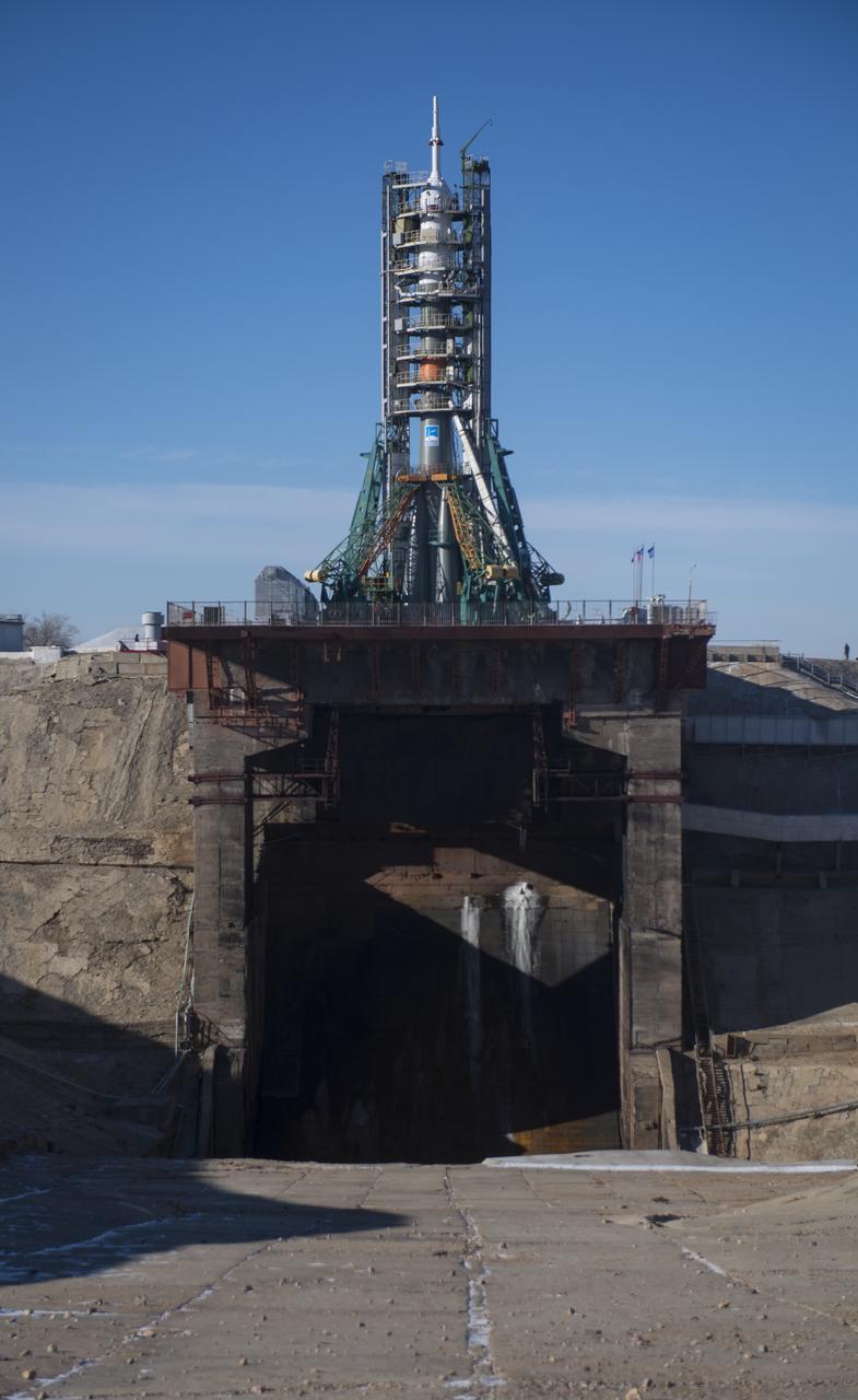 The Soyuz booster rocket and MS-11 spacecraft is seen on the launch pad Sunday, Dec. 2, 2018 at the Baikonur Cosmodrome in Kazakhstan. Launch of the Soyuz rocket is scheduled for Dec. 3 and will carry Expedition 58 Soyuz Commander Oleg Kononenko of Roscosmos, Flight Engineer Anne McClain of NASA, and Flight Engineer David Saint-Jacques of the Canadian Space Agency (CSA) into orbit to begin their six and a half month mission on the International Space Station. Photo Credit: (NASA/Aubrey Gemignani)