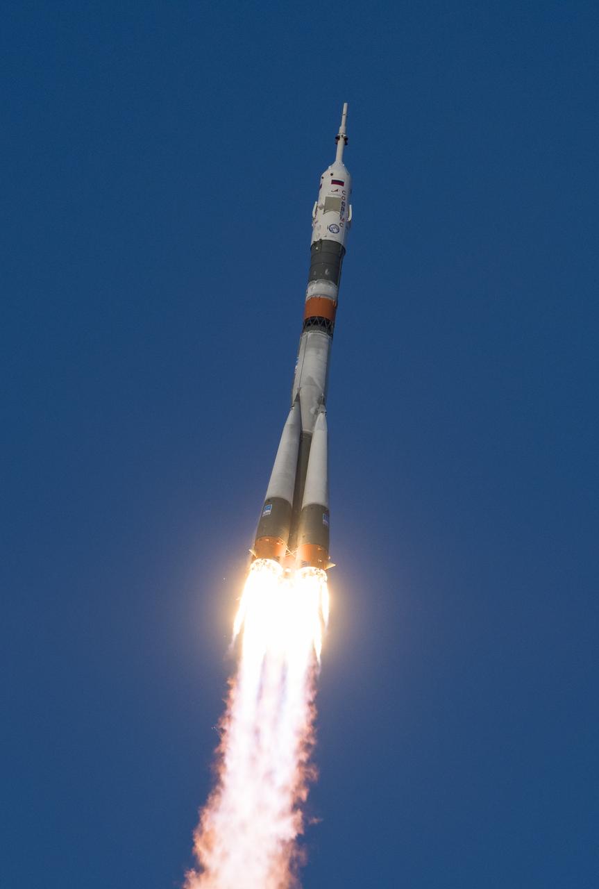 A Soyuz booster rocket launches the Soyuz MS-11 spacecraft from the Baikonur Cosmodrome in Kazakhstan on Monday, Dec. 3, 2018, Baikonur time, carrying Expedition 58 Soyuz Commander Oleg Kononenko of Roscosmos, Flight Engineer Anne McClain of NASA, and Flight Engineer David Saint-Jacques of the Canadian Space Agency (CSA) into orbit to begin their six and a half month mission on the International Space Station. Photo Credit: (NASA/Aubrey Gemignani)