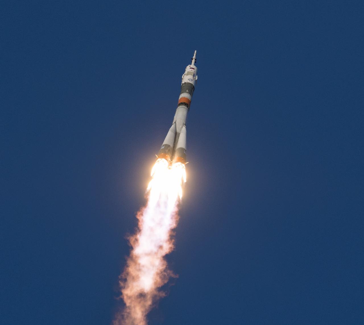 A Soyuz booster rocket launches the Soyuz MS-11 spacecraft from the Baikonur Cosmodrome in Kazakhstan on Monday, Dec. 3, 2018, Baikonur time, carrying Expedition 58 Soyuz Commander Oleg Kononenko of Roscosmos, Flight Engineer Anne McClain of NASA, and Flight Engineer David Saint-Jacques of the Canadian Space Agency (CSA) into orbit to begin their six and a half month mission on the International Space Station. Photo Credit: (NASA/Aubrey Gemignani)
