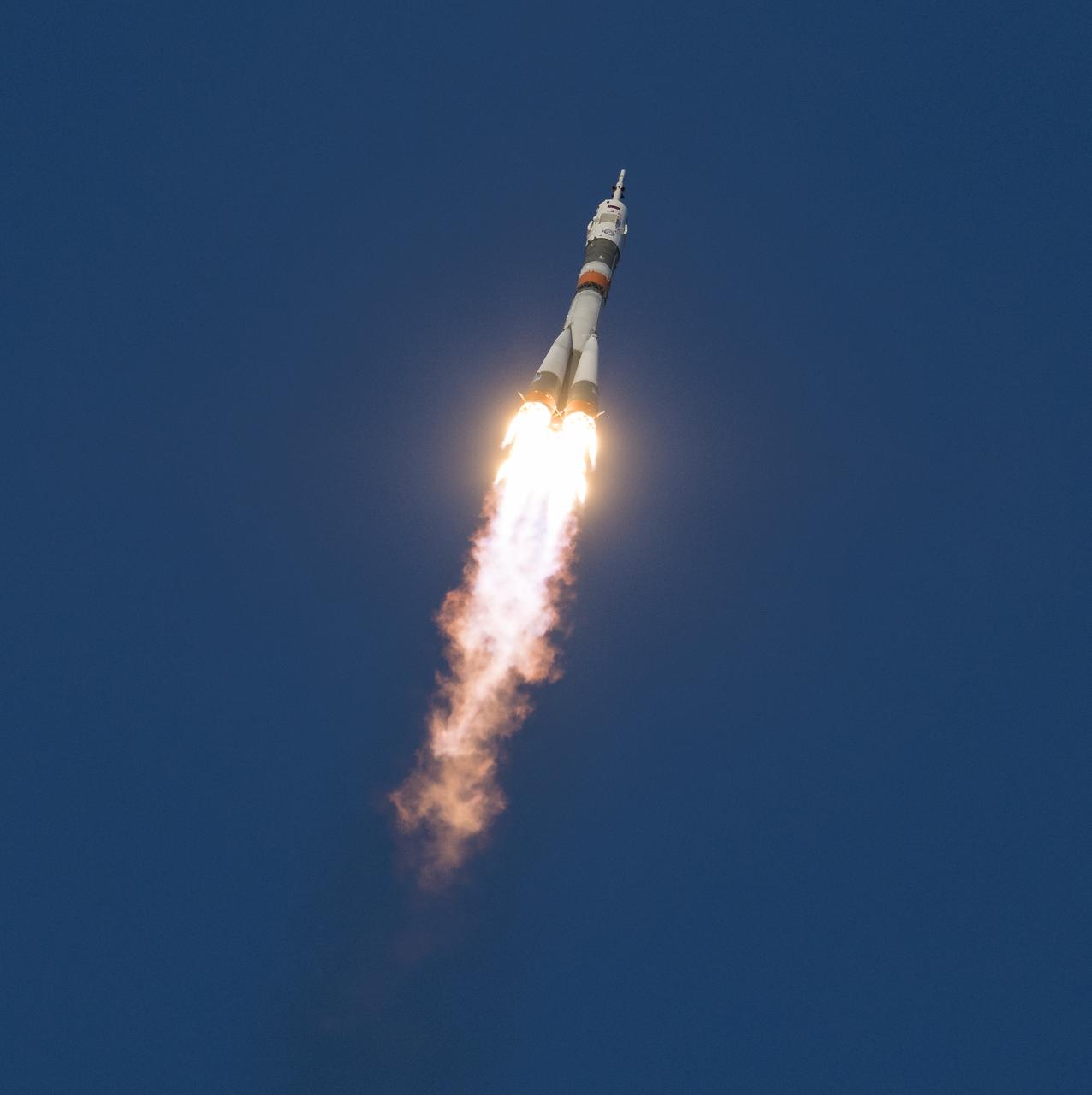 A Soyuz booster rocket launches the Soyuz MS-11 spacecraft from the Baikonur Cosmodrome in Kazakhstan on Monday, Dec. 3, 2018, Baikonur time, carrying Expedition 58 Soyuz Commander Oleg Kononenko of Roscosmos, Flight Engineer Anne McClain of NASA, and Flight Engineer David Saint-Jacques of the Canadian Space Agency (CSA) into orbit to begin their six and a half month mission on the International Space Station. Photo Credit: (NASA/Aubrey Gemignani)