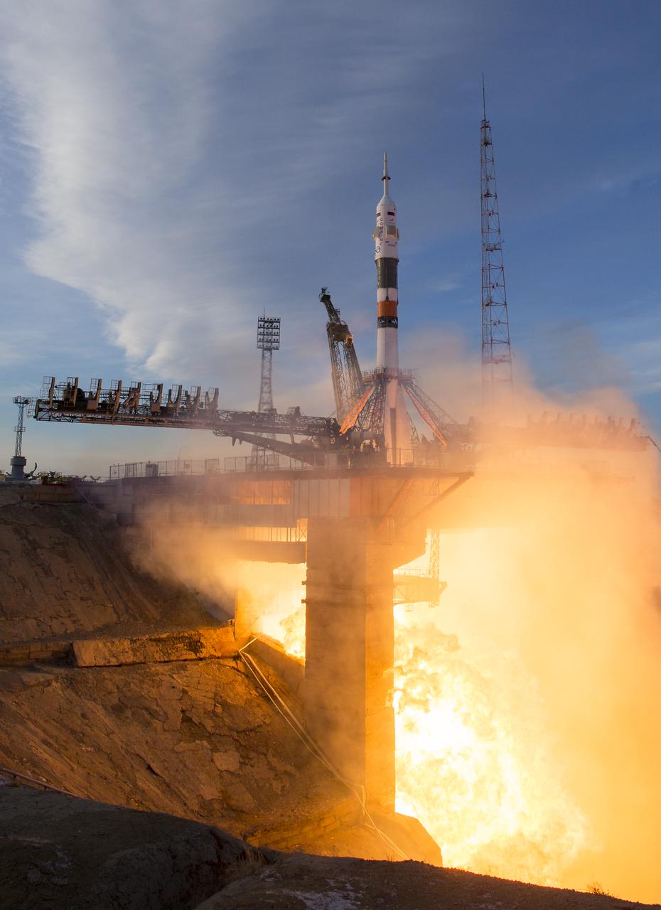 A Soyuz booster rocket launches the Soyuz MS-11 spacecraft from the Baikonur Cosmodrome in Kazakhstan on Monday, Dec. 3, 2018, Baikonur time, carrying Expedition 58 Soyuz Commander Oleg Kononenko of Roscosmos, Flight Engineer Anne McClain of NASA, and Flight Engineer David Saint-Jacques of the Canadian Space Agency (CSA) into orbit to begin their six and a half month mission on the International Space Station. Photo Credit: (NASA/Aubrey Gemignani)