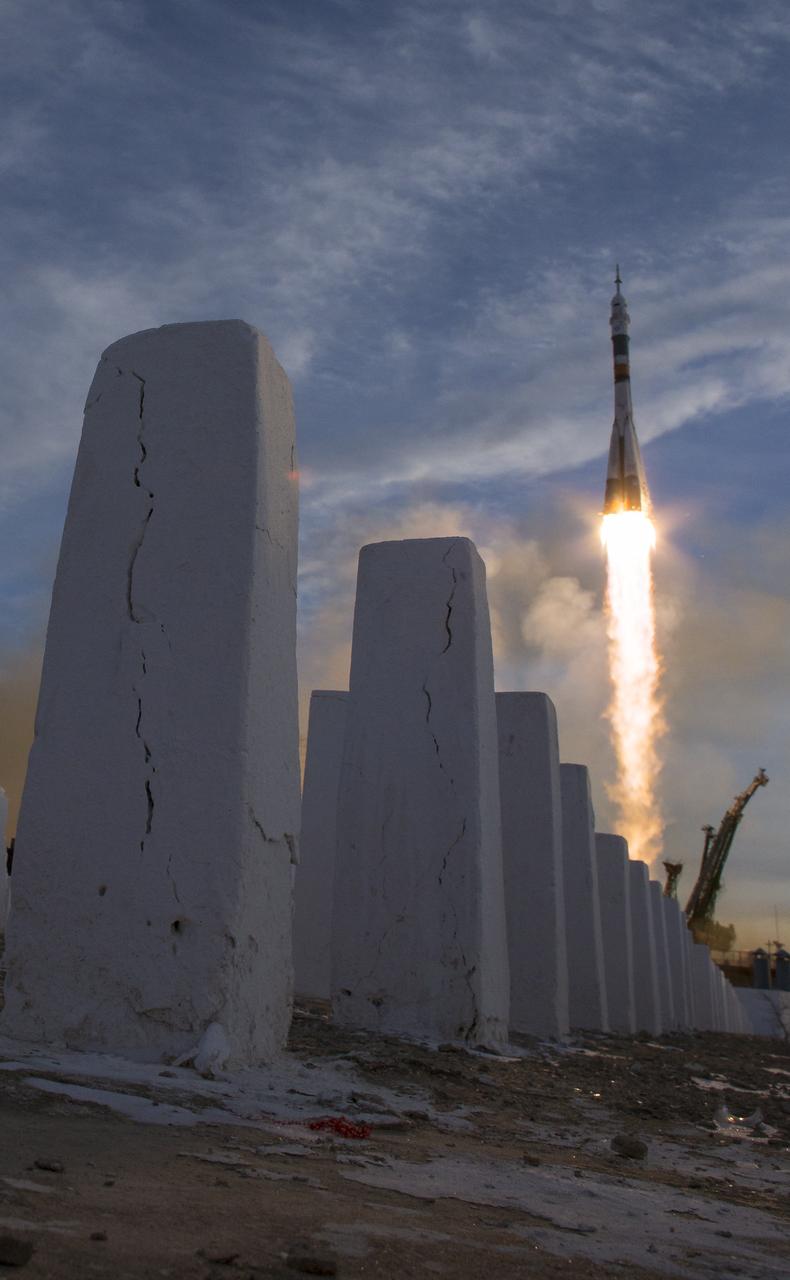A Soyuz booster rocket launches the Soyuz MS-11 spacecraft from the Baikonur Cosmodrome in Kazakhstan on Monday, Dec. 3, 2018, Baikonur time, carrying Expedition 58 Soyuz Commander Oleg Kononenko of Roscosmos, Flight Engineer Anne McClain of NASA, and Flight Engineer David Saint-Jacques of the Canadian Space Agency (CSA) into orbit to begin their six and a half month mission on the International Space Station. Photo Credit: (NASA/Aubrey Gemignani)