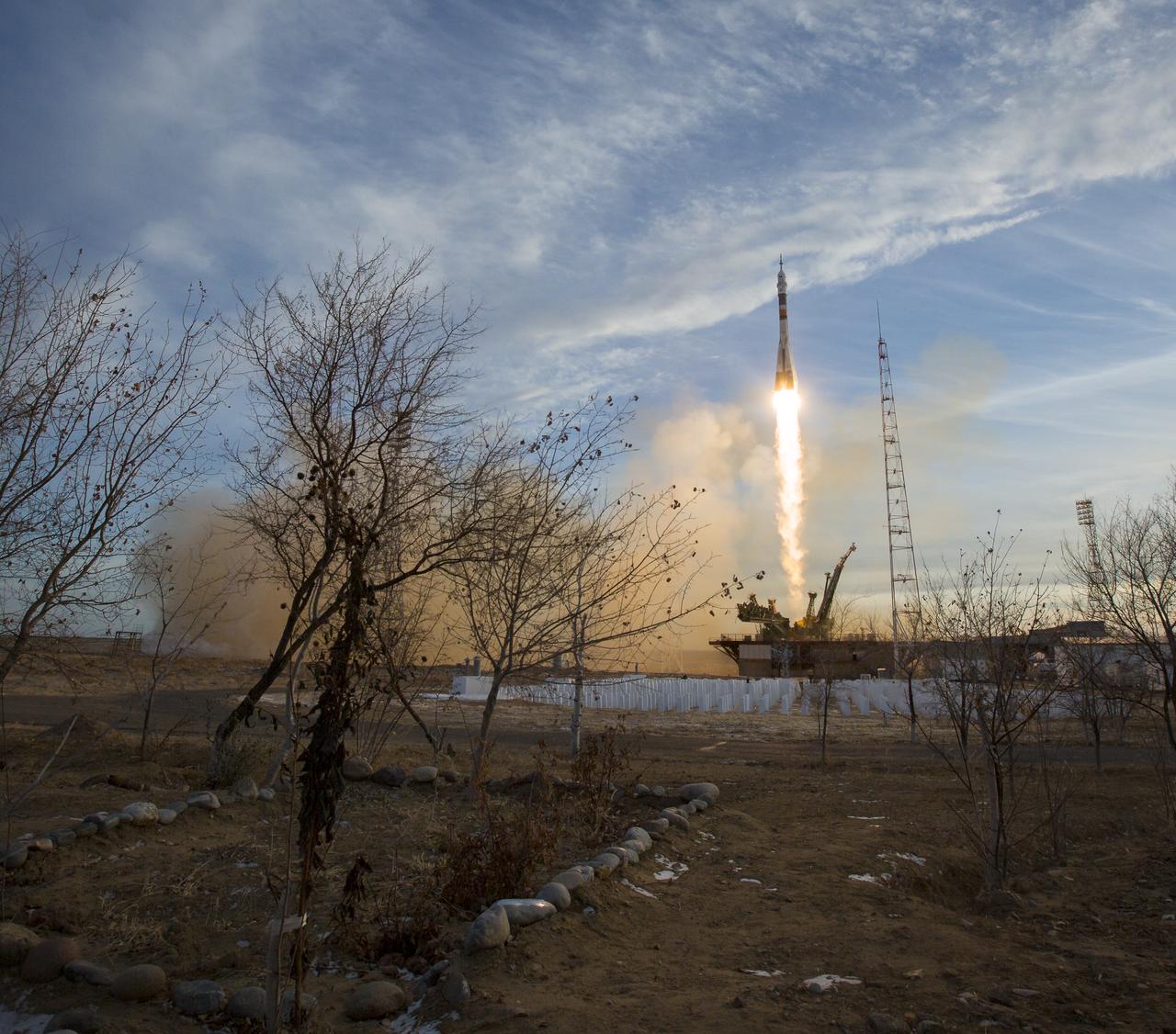 A Soyuz booster rocket launches the Soyuz MS-11 spacecraft from the Baikonur Cosmodrome in Kazakhstan on Monday, Dec. 3, 2018, Baikonur time, carrying Expedition 58 Soyuz Commander Oleg Kononenko of Roscosmos, Flight Engineer Anne McClain of NASA, and Flight Engineer David Saint-Jacques of the Canadian Space Agency (CSA) into orbit to begin their six and a half month mission on the International Space Station. Photo Credit: (NASA/Aubrey Gemignani)