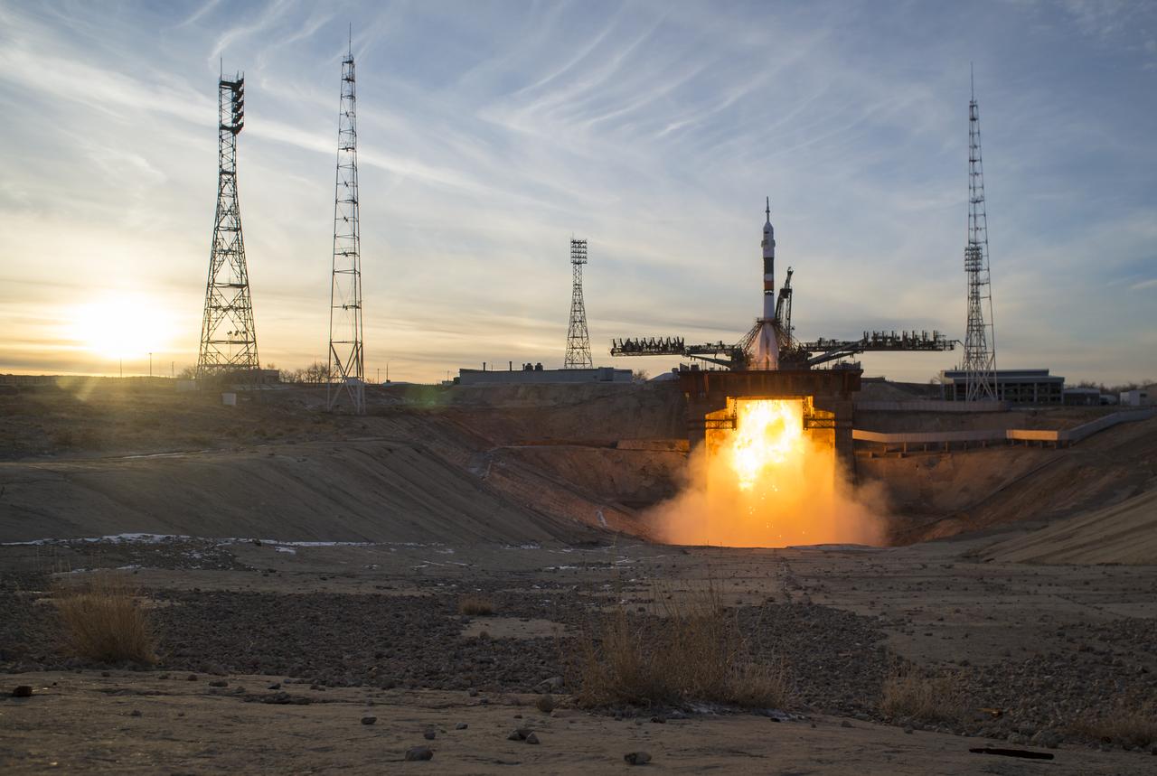 A Soyuz booster rocket launches the Soyuz MS-11 spacecraft from the Baikonur Cosmodrome in Kazakhstan on Monday, Dec. 3, 2018, Baikonur time, carrying Expedition 58 Soyuz Commander Oleg Kononenko of Roscosmos, Flight Engineer Anne McClain of NASA, and Flight Engineer David Saint-Jacques of the Canadian Space Agency (CSA) into orbit to begin their six and a half month mission on the International Space Station. Photo Credit: (NASA/Aubrey Gemignani)