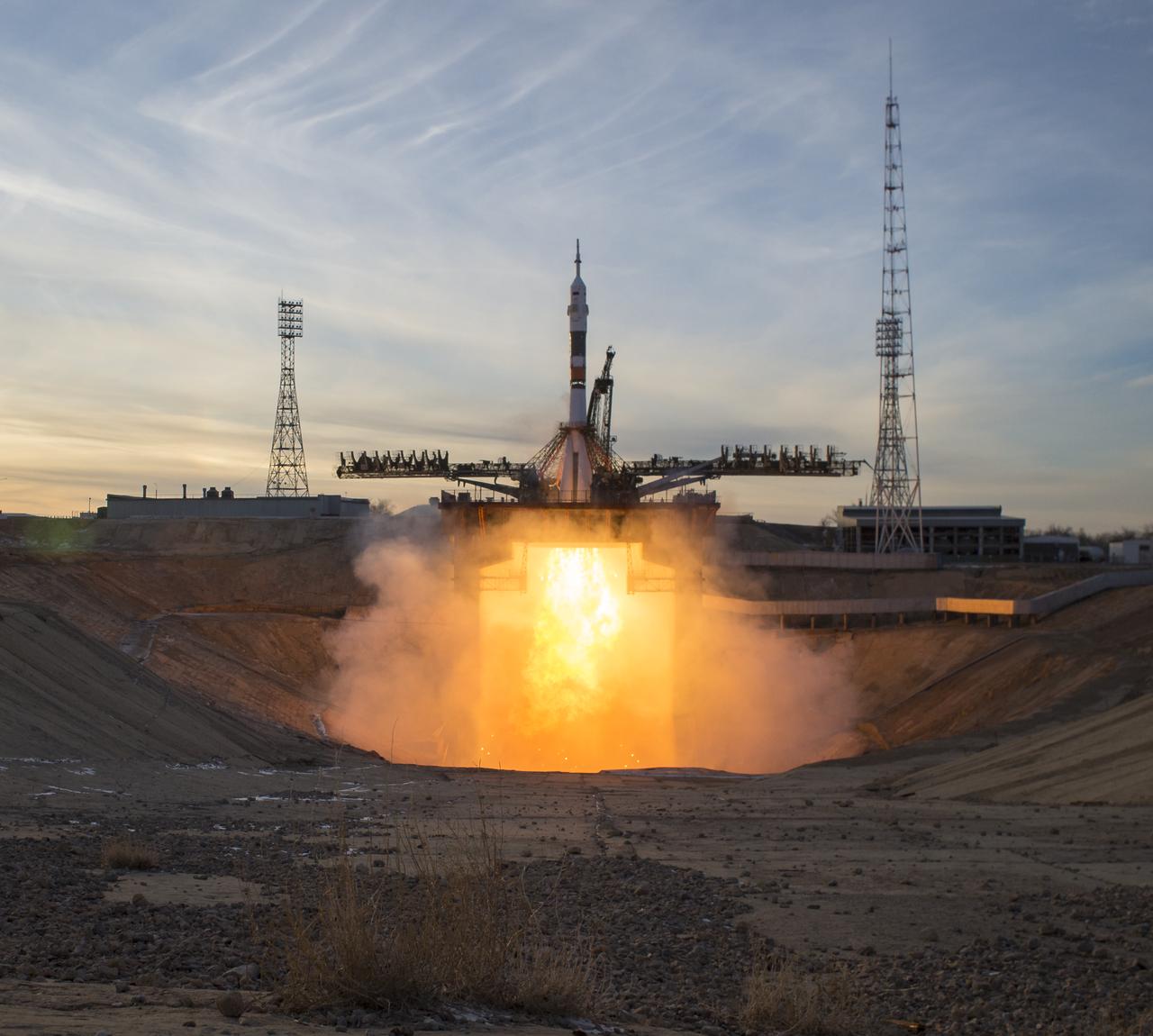 A Soyuz booster rocket launches the Soyuz MS-11 spacecraft from the Baikonur Cosmodrome in Kazakhstan on Monday, Dec. 3, 2018, Baikonur time, carrying Expedition 58 Soyuz Commander Oleg Kononenko of Roscosmos, Flight Engineer Anne McClain of NASA, and Flight Engineer David Saint-Jacques of the Canadian Space Agency (CSA) into orbit to begin their six and a half month mission on the International Space Station. Photo Credit: (NASA/Aubrey Gemignani)