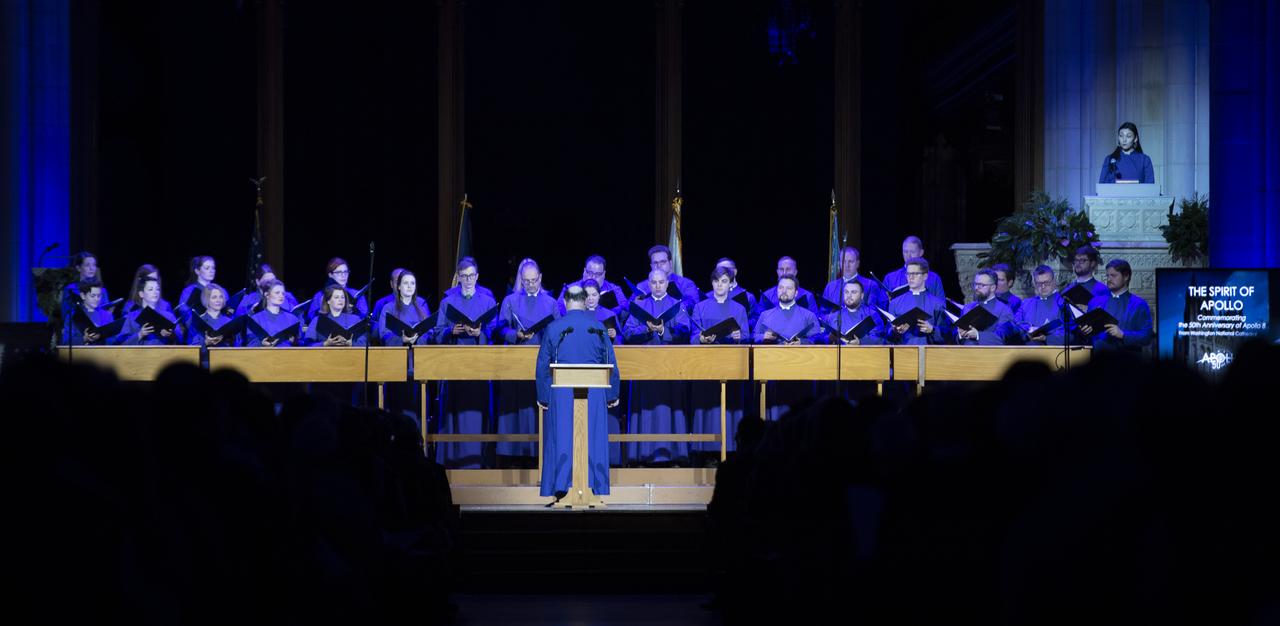 The Washington National Cathedral Choir performs a choral performance of Apollo 8's Christmas Eve broadcast during the Smithsonian National Air and Space Museum's Spirit of Apollo event commemorating the 50th anniversary of Apollo 8, Tuesday, Dec. 11, 2018 at the Washington National Cathedral in Washington, DC. Apollo 8 was humanity's first journey to another world, taking astronauts Frank Borman, Jim Lovell, and William Anders to the Moon and back in December of 1968. Photo Credit: (NASA/Joel Kowsky)