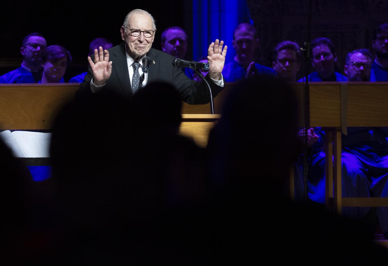 Apollo 8 astronaut Jim Lovell acknowledges a stating ovation after being introduced during the Smithsonian National Air and Space Museum's Spirit of Apollo event commemorating the 50th anniversary of Apollo 8, Tuesday, Dec. 11, 2018 at the Washington National Cathedral in Washington, DC. Apollo 8 was humanity's first journey to another world, taking astronauts Frank Borman, Jim Lovell, and William Anders to the Moon and back in December of 1968. Photo Credit: (NASA/Joel Kowsky)