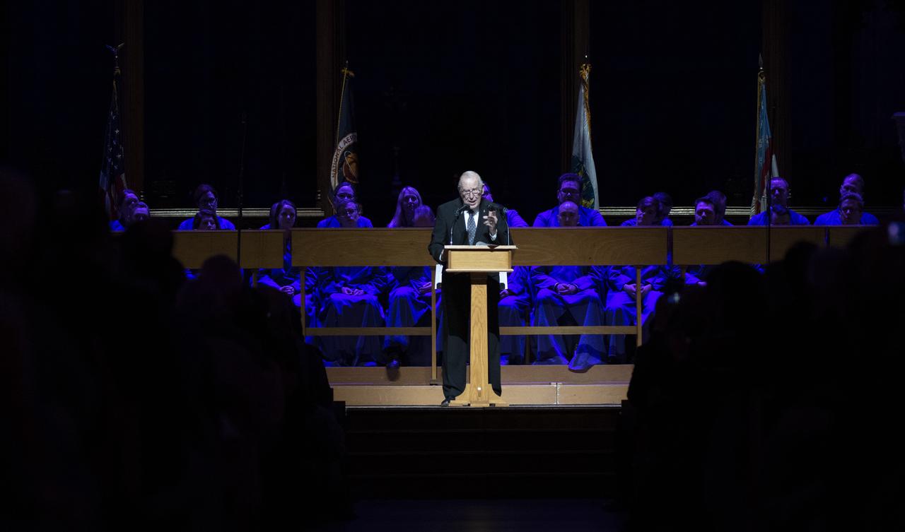 Apollo 8 astronaut Jim Lovell speaks during the Smithsonian National Air and Space Museum's Spirit of Apollo event commemorating the 50th anniversary of Apollo 8, Tuesday, Dec. 11, 2018 at the Washington National Cathedral in Washington, DC. Apollo 8 was humanity's first journey to another world, taking astronauts Frank Borman, Jim Lovell, and William Anders to the Moon and back in December of 1968. Photo Credit: (NASA/Joel Kowsky)