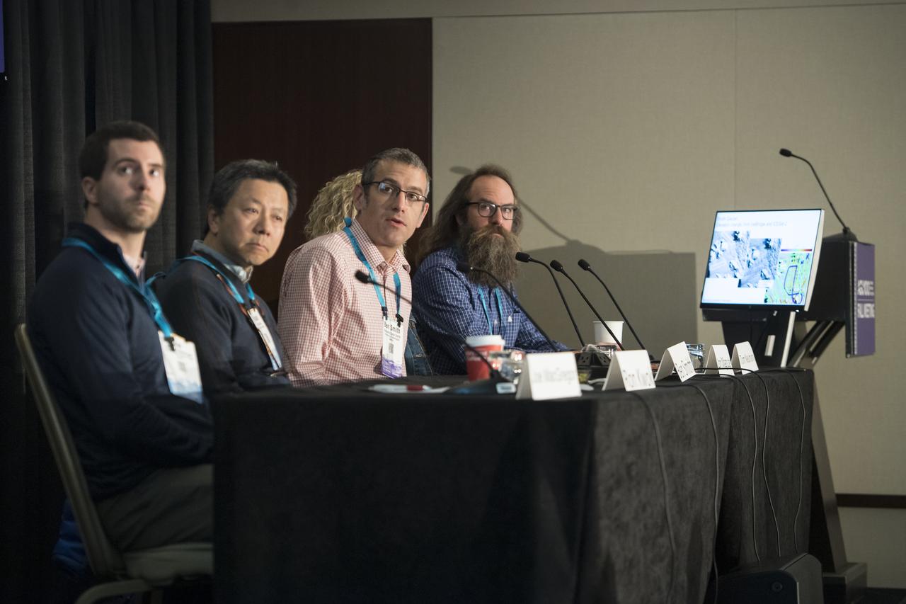 Ben Smith speaks during the press briefing, "First Results from New ICESat-2 Mission, Tuesday, December 11, 2018 at the Marriott Marquis in Washington as part of the American Geophysical Union (AGU) annual meeting. Photo Credit: (NASA/Aubrey Gemignani)