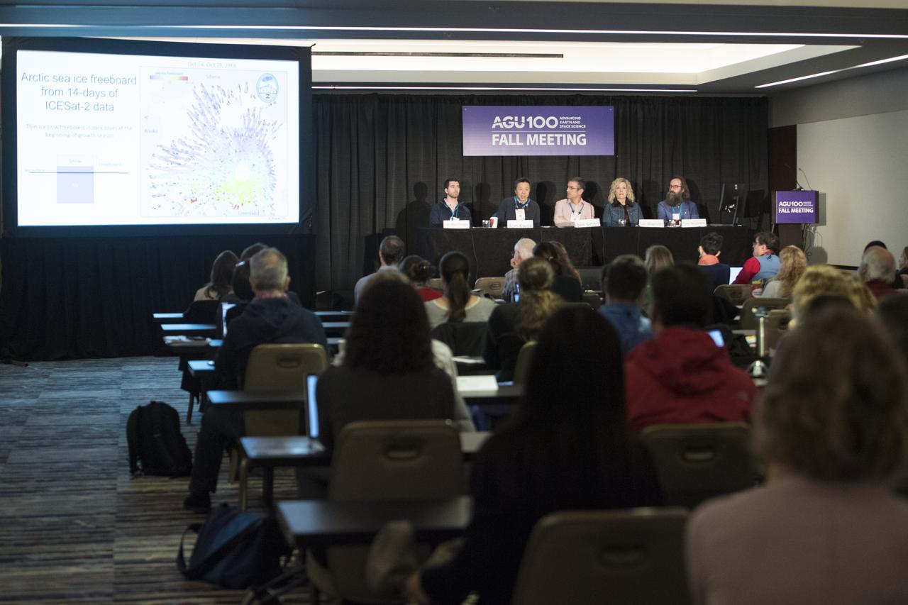 Ron Kwok speaks during the press briefing, "First Results from New ICESat-2 Mission, Tuesday, December 11, 2018 at the Marriott Marquis in Washington as part of the American Geophysical Union (AGU) annual meeting. Photo Credit: (NASA/Aubrey Gemignani)
