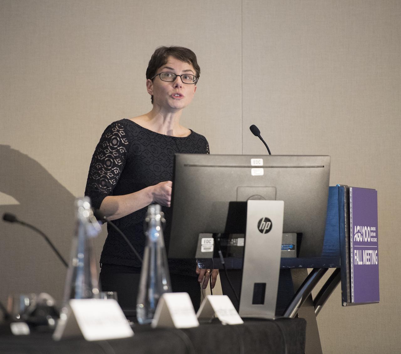Heather Lynch speaks during the press briefing, "Penguins from Space", Tuesday, December 11, 2018 at the Marriott Marquis in Washington as part of the American Geophysical Union (AGU) annual meeting. Photo Credit: (NASA/Aubrey Gemignani)
