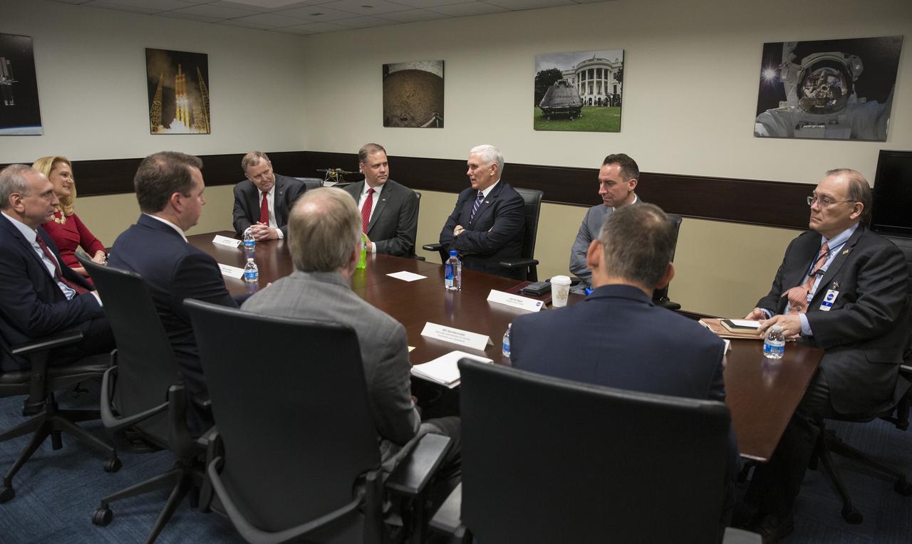 Vice President Mike Pence, center, meets with NASA Administrator Jim Bridenstine, second from left, and NASA Deputy Administrator Jim Morhard, left, to discuss the progress on Space Policy Directive 1 (SPD-1), Wednesday, Dec. 12, 2018 at NASA Headquarters in Washington. Also attending the meeting was NASA Chief of Staff Janet Karika, NASA Associate Administrator Steve Jurczyk, Chief Financial Officer Jeff DeWit, Associate Administrator for Human Exploration and Operations William Gerstenmaier, and Associate Administrator for the Science Mission Directorate Thomas Zurbuchen, along with acting Chief of Staff to the Vice President Jarrod Agen and Executive Director of the National Space Council Scott Pace. Photo Credit: (NASA/Joel Kowsky)