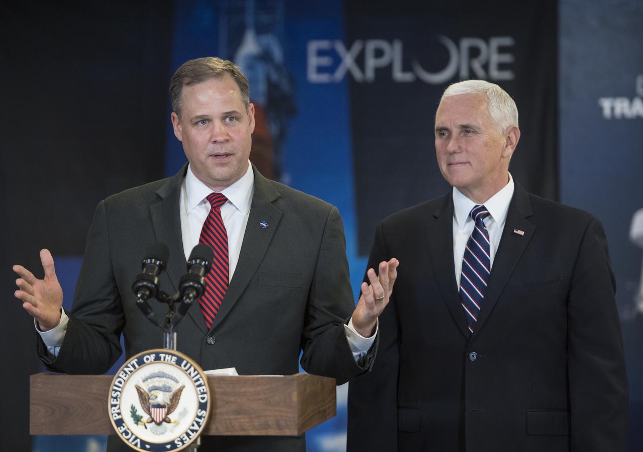 NASA Administrator Jim Bridenstine announces that NASA has again been awarded best place to work in the federal government during a visit by Vice President Mike Pence, Wednesday, Dec. 12, 2018 at NASA Headquarters in Washington. The Vice President visited NASA to discuss the progress on Space Policy Directive 1 (SPD-1) with NASA leadership. Photo Credit: (NASA/Aubrey Gemignani)