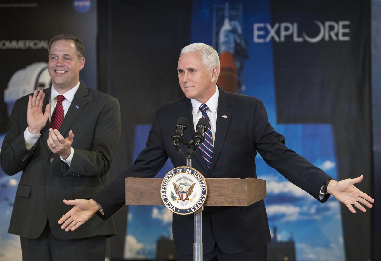 Vice President Mike Pence speaks to NASA employees, Wednesday, Dec. 12, 2018 at NASA Headquarters in Washington. The Vice President visited NASA to discuss the progress on Space Policy Directive 1 (SPD-1) with NASA leadership. Photo Credit: (NASA/Aubrey Gemignani)