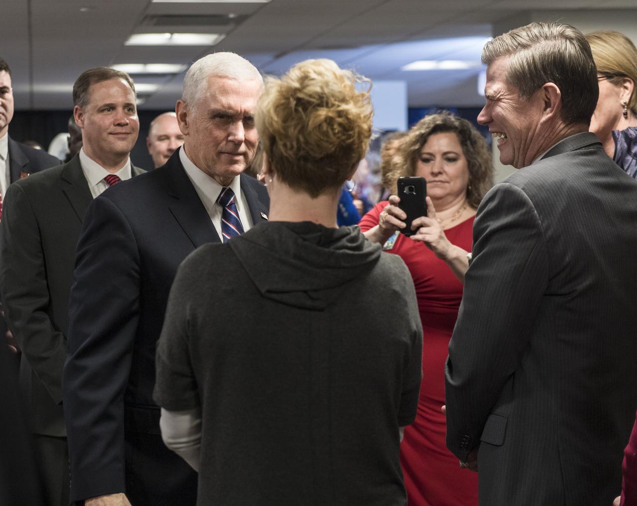 Vice President Mike Pence, meets with NASA employees after a discussion with NASA leadership about the progress on Space Policy Directive 1 (SPD-1), Wednesday, Dec. 12, 2018 at NASA Headquarters in Washington. Photo Credit: (NASA/Aubrey Gemignani)