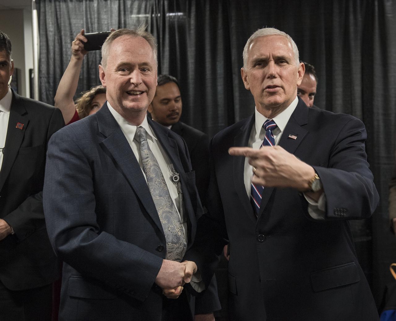 Vice President Mike Pence, meets with NASA employees after a discussion with NASA leadership about the progress on Space Policy Directive 1 (SPD-1), Wednesday, Dec. 12, 2018 at NASA Headquarters in Washington. Photo Credit: (NASA/Aubrey Gemignani)