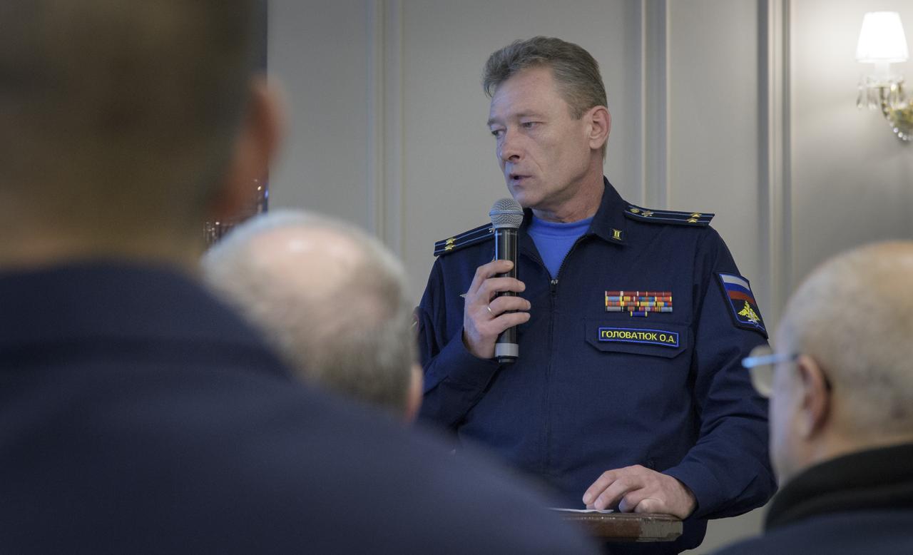 Head of Russian Air Force Operational Group Golovatyuk Oleg Alekseevich delivers his report during a meeting to discuss the readiness for the landing of Expedition 57 crew members Serena Auñón-Chancellor of NASA, Alexander Gerst of ESA (European Space Agency), and Sergey Prokopyev of Roscosmos, Tuesday, Dec. 18, 2018. Auñón-Chancellor, Gerst, and Prokopyev are returning after 197 days in space where they served as members of the Expedition 56 and 57 crews onboard the International Space Station. Photo Credit: (NASA/Bill Ingalls)