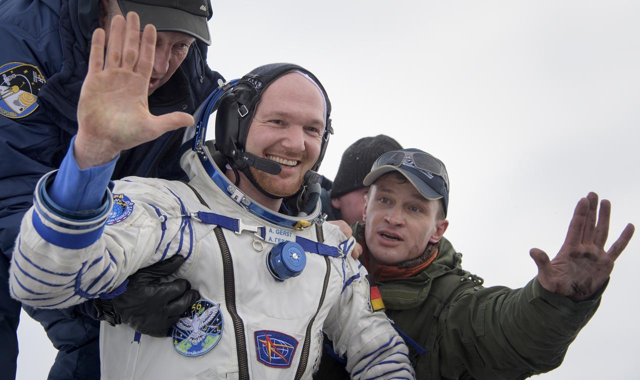 Alexander Gerst of ESA (European Space Agency) is helped out of the Soyuz MS-09 spacecraft just minutes after he, Serena Auñón-Chancellor of NASA, and Sergey Prokopyev of Roscosmos, landed in a remote area near the town of Zhezkazgan, Kazakhstan on Thursday, Dec. 20, 2018. Auñón-Chancellor, Gerst, and Prokopyev are returning after 197 days in space where they served as members of the Expedition 56 and 57 crews onboard the International Space Station. Photo Credit: (NASA/Bill Ingalls)