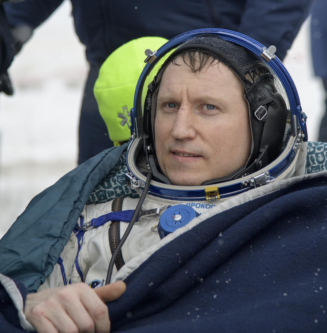 Sergey Prokopyev of Roscosmos rests in a chair after he Alexander Gerst of ESA (European Space Agency), and Serena Auñón-Chancellor of NASA, landed in their Soyuz MS-09 capsule in a remote area near the town of Zhezkazgan, Kazakhstan on Thursday, Dec. 20, 2018. Auñón-Chancellor, Gerst, and Prokopyev are returning after 197 days in space where they served as members of the Expedition 56 and 57 crews onboard the International Space Station. Photo Credit: (NASA/Bill Ingalls)