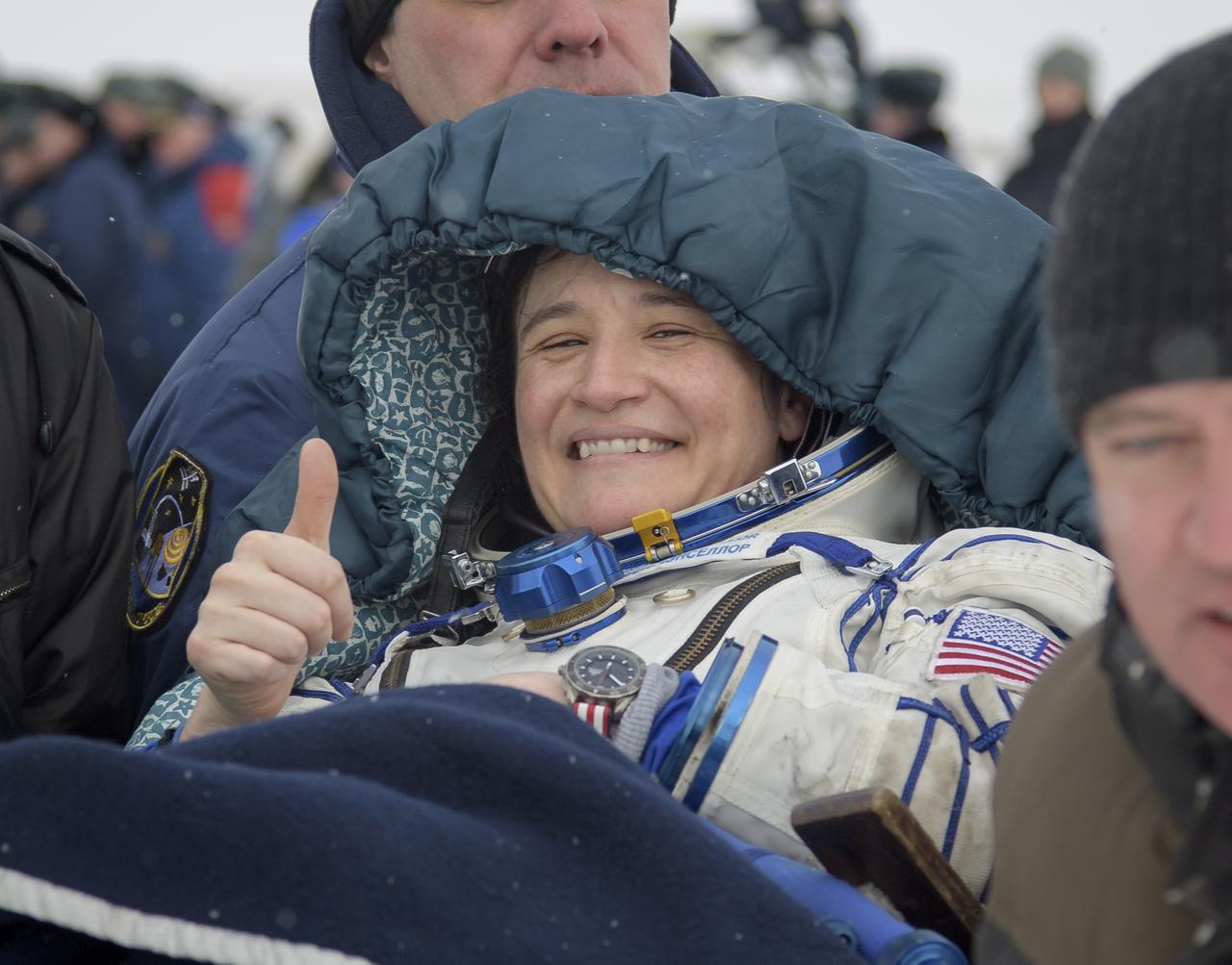 Serena Auñón-Chancellor of NASA is carried to a medical tent shortly after she, Alexander Gerst of ESA (European Space Agency), and Sergey Prokopyev of Roscosmos landed in their Soyuz MS-09 spacecraft near the town of Zhezkazgan, Kazakhstan on Thursday, Dec. 20, 2018. Auñón-Chancellor, Gerst, and Prokopyev are returning after 197 days in space where they served as members of the Expedition 56 and 57 crews onboard the International Space Station. Photo Credit: (NASA/Bill Ingalls)