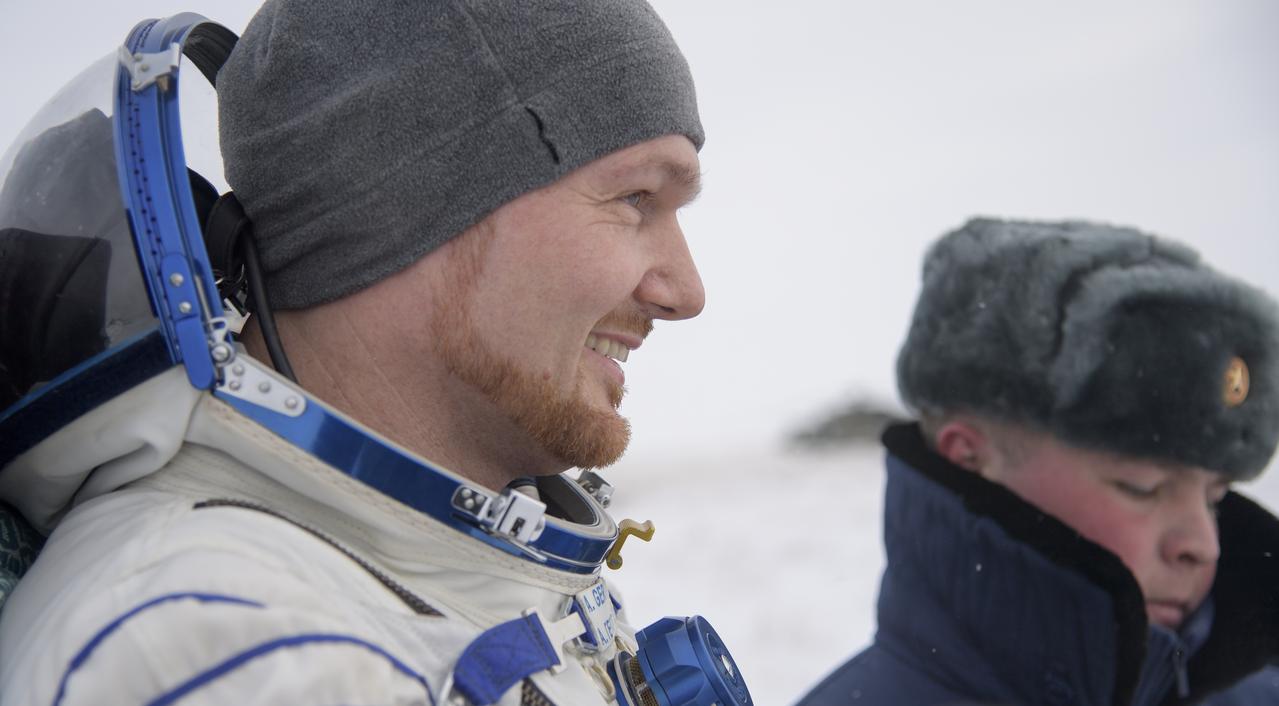 Alexander Gerst of ESA (European Space Agency) is carried to a medical tent shortly after he, Sergey Prokopyev of Roscosmos, and Serena Auñón-Chancellor of NASA landed in their Soyuz MS-09 spacecraft near the town of Zhezkazgan, Kazakhstan on Thursday, Dec. 20, 2018. Auñón-Chancellor, Gerst, and Prokopyev are returning after 197 days in space where they served as members of the Expedition 56 and 57 crews onboard the International Space Station. Photo Credit: (NASA/Bill Ingalls)