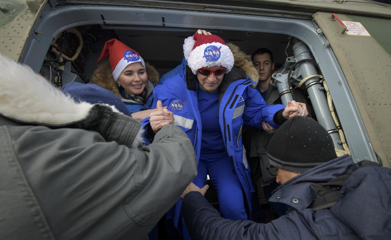 Serena Auñón-Chancellor of NASA arrives at the Zhezkazgan, Kazakhstan airport after she, Alexander Gerst of ESA (European Space Agency) and, Sergey Prokopyev of Roscosmos landed in their Soyuz MS-09 spacecraft in a remote area outside of town on Thursday, Dec. 20, 2018. Auñón-Chancellor, Gerst, and Prokopyev are returning after 197 days in space where they served as members of the Expedition 56 and 57 crews onboard the International Space Station. Photo Credit: (NASA/Bill Ingalls)