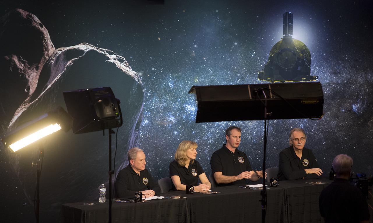 New Horizons principal investigator Alan Stern of the Southwest Research Institute (SwRI), Boulder, CO, left, New Horizons project manager Helene Winters of the Johns Hopkins University Applied Physics Laboratory, second from left, Fred Pelletier, lead of the project navigation team at KinetX Inc. in Simi Valley, California, second from right, and New Horizons co-investigator John Spencer of the Southwest Research Institute (SwRI), Boulder, CO, right, are seen during a press conference prior to the flyby of Ultima Thule by the New Horizons spacecraft, Monday, Dec. 31, 2018 at Johns Hopkins University Applied Physics Laboratory (APL) in Laurel, Maryland. Photo Credit: (NASA/Joel Kowsky)