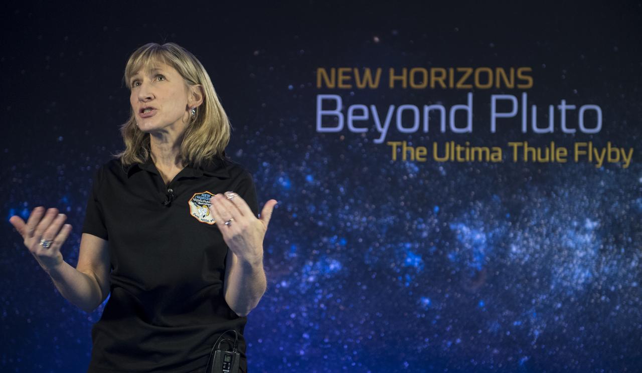 New Horizons project manager Helene Winters of the Johns Hopkins University Applied Physics Laboratory speaks during an overview of the New Horizons Mission, Monday, Dec. 31, 2018 at Johns Hopkins University Applied Physics Laboratory (APL) in Laurel, Maryland. Photo Credit: (NASA/Joel Kowsky)