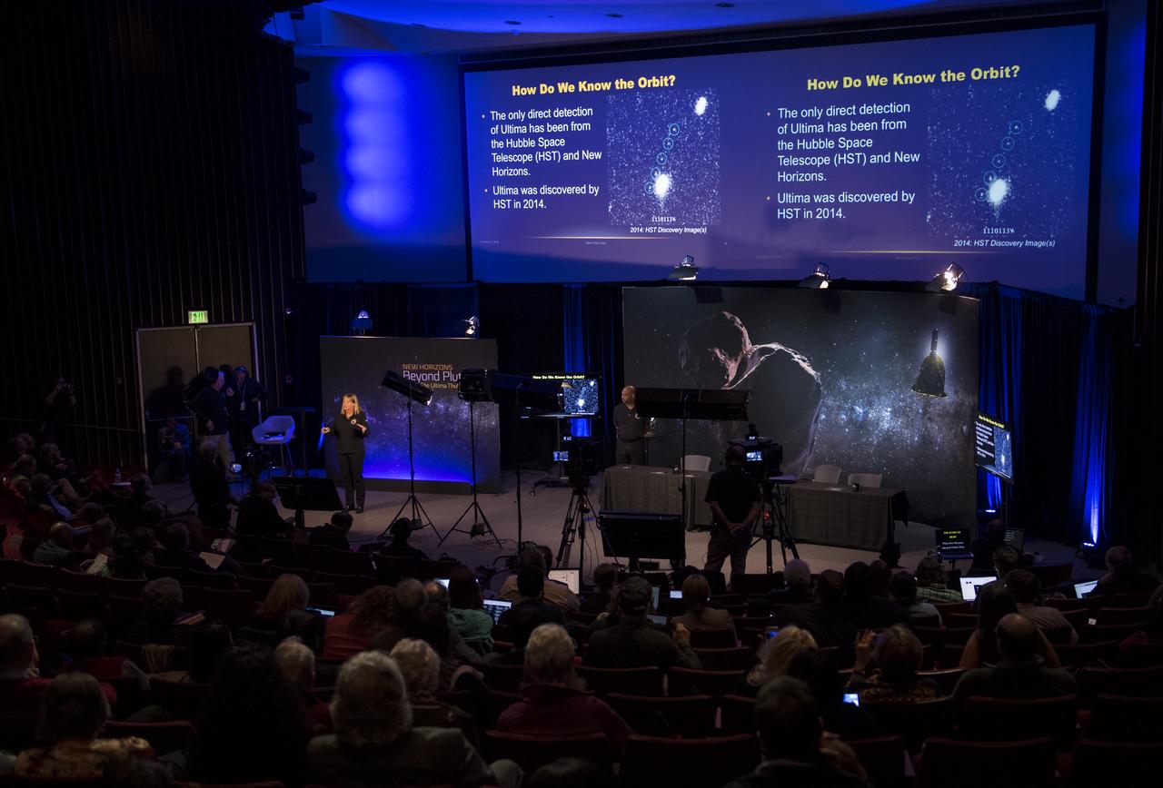 New Horizons co-investigator Cathy Olkin of the Southwest Research Institute (SwRI) speaks about Kuiper Belt object MU69, Ultima Thule, during an overview of the New Horizons Mission, Monday, Dec. 31, 2018 at Johns Hopkins University Applied Physics Laboratory (APL) in Laurel, Maryland. Photo Credit: (NASA/Joel Kowsky)