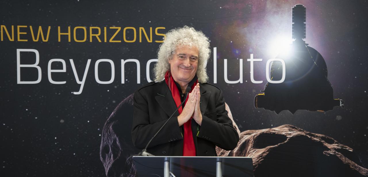 Brian May, lead guitarist of the rock band Queen and astrophysicist discusses the upcoming New Horizons flyby of the Kuiper Belt object Ultima Thule, Monday, Dec. 31, 2018 at Johns Hopkins University Applied Physics Laboratory (APL) in Laurel, Maryland. Photo Credit: (NASA/Bill Ingalls)