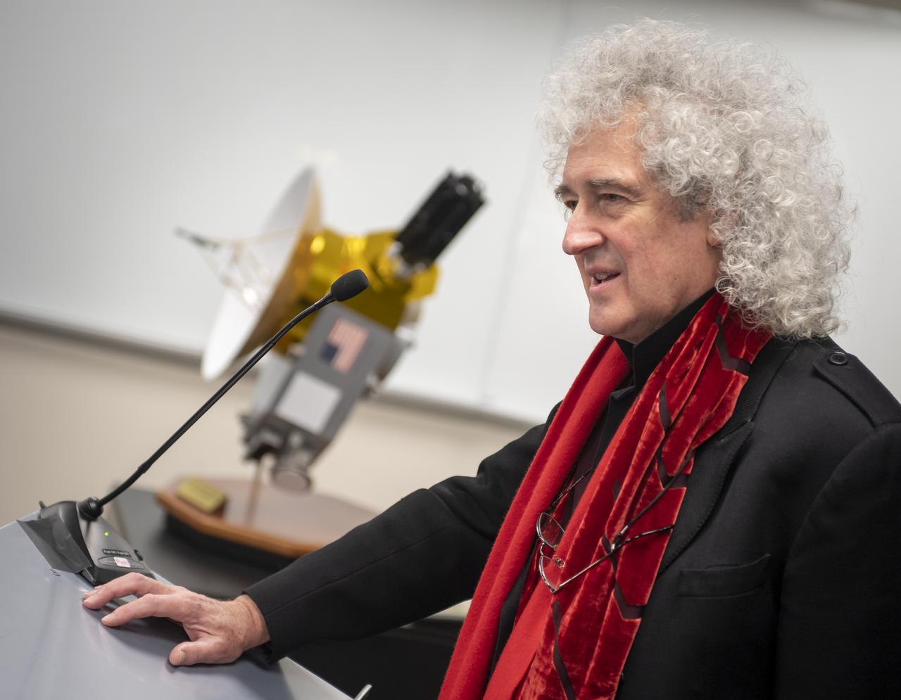 Brian May, lead guitarist of the rock band Queen and astrophysicist discusses the upcoming New Horizons flyby of the Kuiper Belt object Ultima Thule, Monday, Dec. 31, 2018 at Johns Hopkins University Applied Physics Laboratory (APL) in Laurel, Maryland. Photo Credit: (NASA/Bill Ingalls)