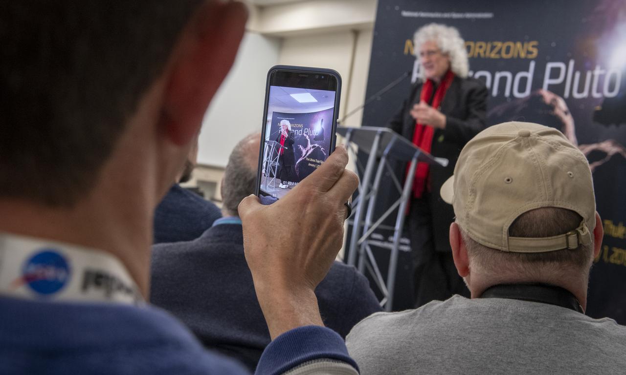 Brian May, lead guitarist of the rock band Queen and astrophysicist discusses the upcoming New Horizons flyby of the Kuiper Belt object Ultima Thule, Monday, Dec. 31, 2018 at Johns Hopkins University Applied Physics Laboratory (APL) in Laurel, Maryland. Photo Credit: (NASA/Bill Ingalls)