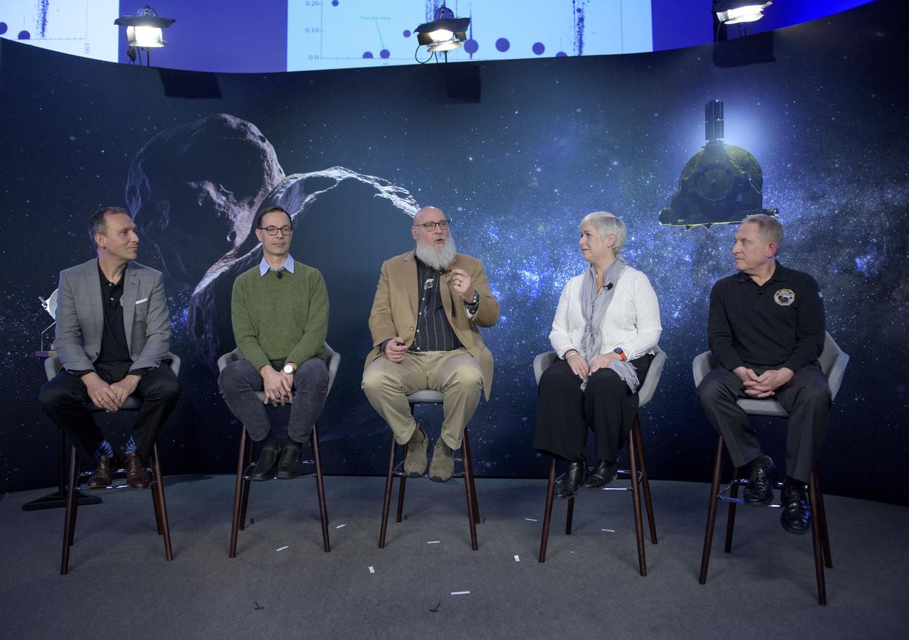 Associate Administrator for NASA's Science Mission Directorate Thomas Zurbuchen, left, Olivier Barnouin (US Instrument Scientist, Johns Hopkins University/APL), Harold "Hal" Levison from the Southwest Research Institute in Boulder, Colorado, Lindy Elkins-Tanton Principal Investigator of the Psyche mission from Arizona State University, and New Horizons principal investigator Alan Stern of the Southwest Research Institute (SwRI), Boulder, CO, right, are seen during a briefing discussing small bodies missions, Monday, Dec. 31, 2018 at Johns Hopkins University Applied Physics Laboratory (APL) in Laurel, Maryland. Photo Credit: (NASA/Bill Ingalls)