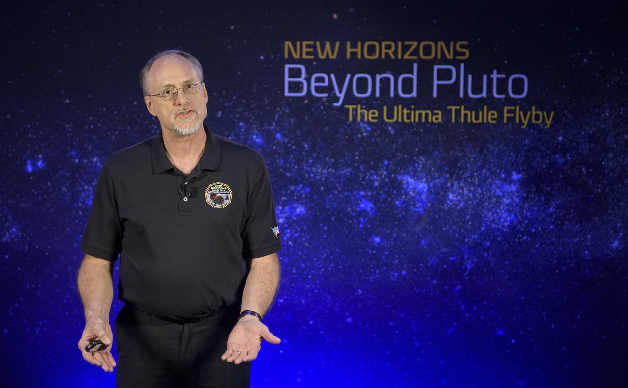 Marc Buie of the Southwest Research Institute (SwRI), Bounder, CO discusses the process of finding MU69 Ultima Thule, Monday, Dec. 31, 2018 at Johns Hopkins University Applied Physics Laboratory (APL) in Laurel, Maryland. Photo Credit: (NASA/Bill Ingalls)