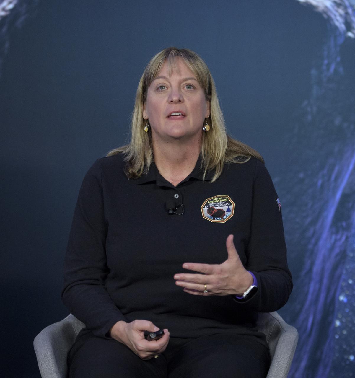 New Horizons deputy project scientist Cathy Olkin of the Southwest Research Institute (SwRI), Boulder, CO discusses what they hope to learn from the flyby of Ultima Thule, Monday, Dec. 31, 2018 at Johns Hopkins University Applied Physics Laboratory (APL) in Laurel, Maryland. Photo Credit: (NASA/Bill Ingalls)