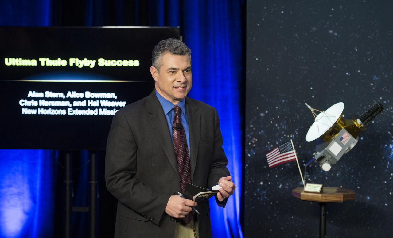 Mike Buckley, senior public information officer at the Johns Hopkins University Applied Physics Laboratory is seen during a press conference after the team received confirmation from the New Horizons spacecraft that it has completed the flyby of Ultima Thule, Tuesday, Jan. 1, 2019 at Johns Hopkins University Applied Physics Laboratory (APL) in Laurel, Maryland. Photo Credit: (NASA/Joel Kowsky)