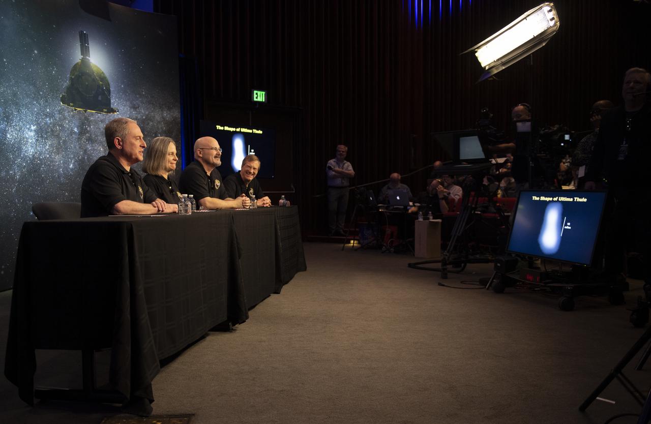 A new image of Ultima Thule is seen on a screen during a press conference after the team received confirmation from the New Horizons spacecraft that it has completed the flyby of Ultima Thule, Tuesday, Jan. 1, 2019 at Johns Hopkins University Applied Physics Laboratory (APL) in Laurel, Maryland. New Horizons principal investigator Alan Stern of the Southwest Research Institute (SwRI), Boulder, CO, New Horizons Mission Operations Manager Alice Bowman of the Johns Hopkins University Applied Physics Laboratory, New Horizons mission systems engineer Chris Hersman of the Johns Hopkins University Applied Physics Laboratory, and New Horizons project scientist Hal Weaver of the Johns Hopkins University Applied Physics Laboratory, spoke about the flyby and new pre-flyby information that was downlinked from the spacecraft. Photo Credit: (NASA/Joel Kowsky)