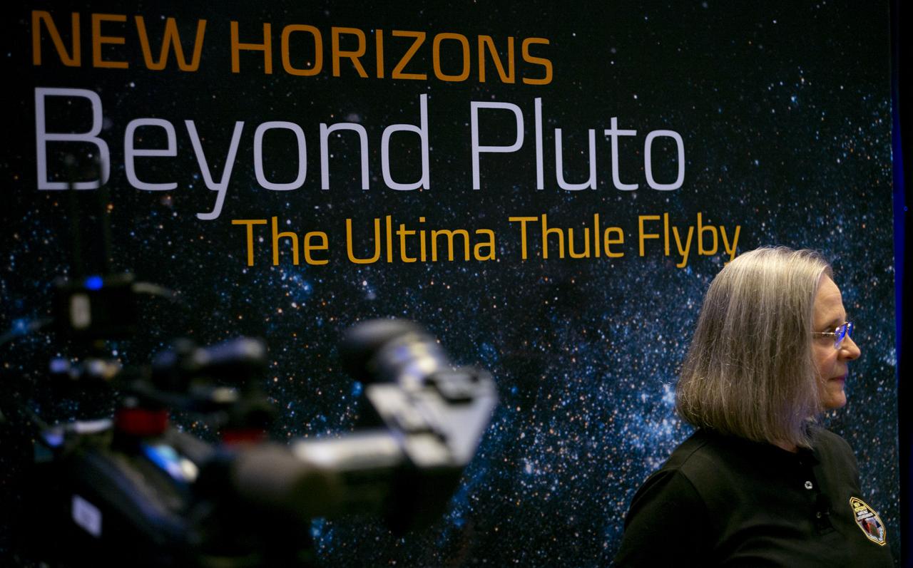 New Horizons Mission Operations Manager Alice Bowman of the Johns Hopkins University Applied Physics Laboratory is seen before a press conference after the team received confirmation from the New Horizons spacecraft that it has completed the flyby of Ultima Thule, Tuesday, Jan. 1, 2019 at Johns Hopkins University Applied Physics Laboratory (APL) in Laurel, Maryland. Photo Credit: (NASA/Joel Kowsky)