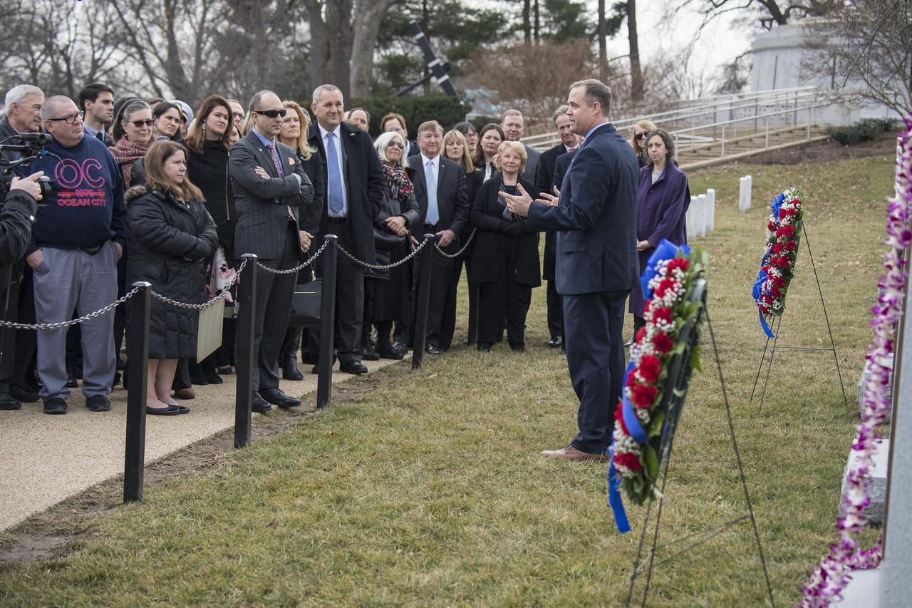 NASA Administrator Jim Bridenstine speaks to NASA personnel and others during a wreath laying ceremony as part of NASA's Day of Remembrance, Thursday, Feb. 7, 2019, at Arlington National Cemetery in Arlington, Va. The wreaths were laid in memory of those men and women who lost their lives in the quest for space exploration.  Photo Credit: (NASA/Aubrey Gemignani)