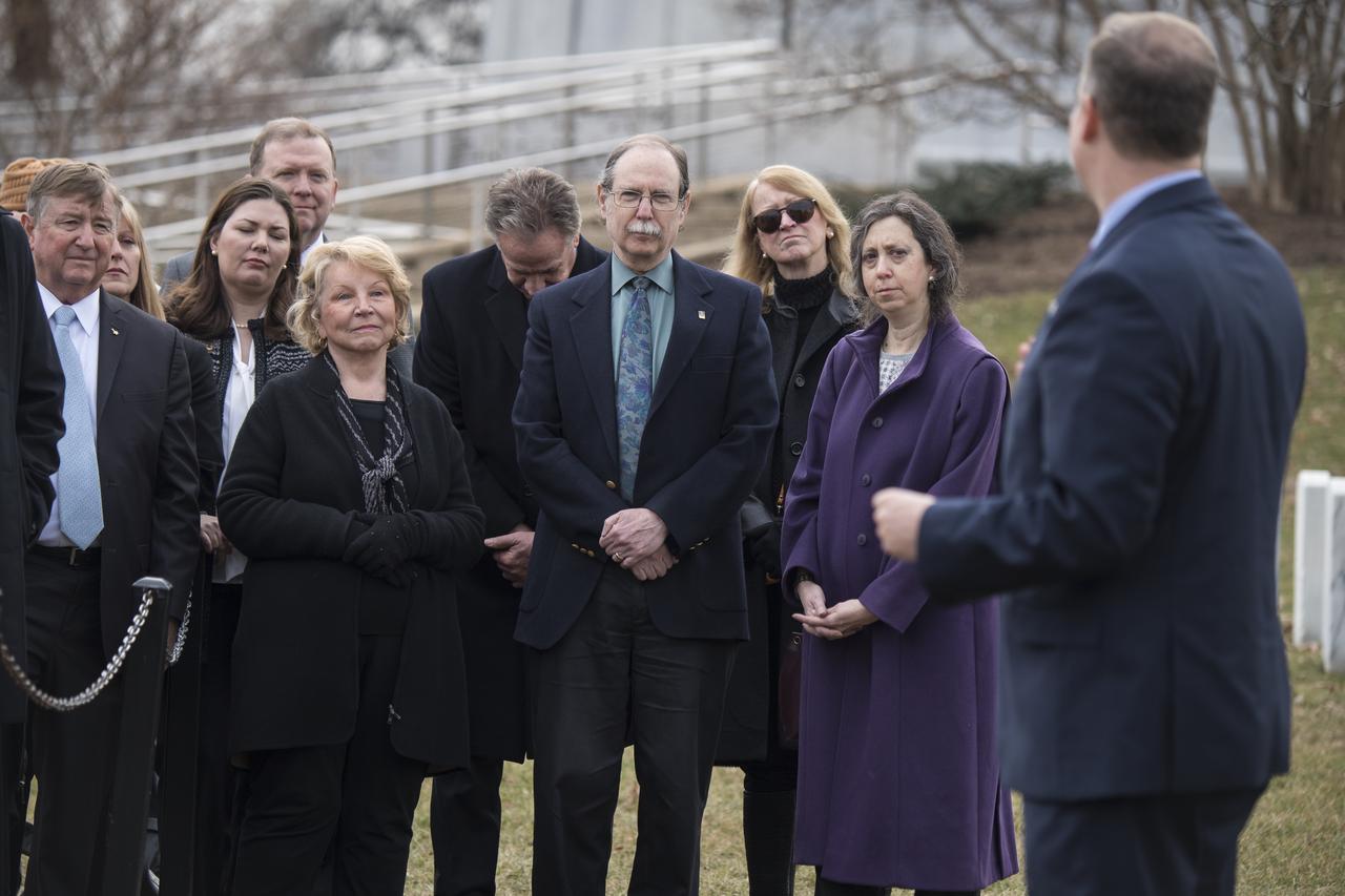NASA Administrator Jim Bridenstine speaks to family members and friends of astronauts lost in the Challenger and Columbia missions during a wreath laying ceremony as part of NASA's Day of Remembrance, Thursday, Feb. 7, 2019, at Arlington National Cemetery in Arlington, Va. The wreaths were laid in memory of those men and women who lost their lives in the quest for space exploration.  Photo Credit: (NASA/Aubrey Gemignani)