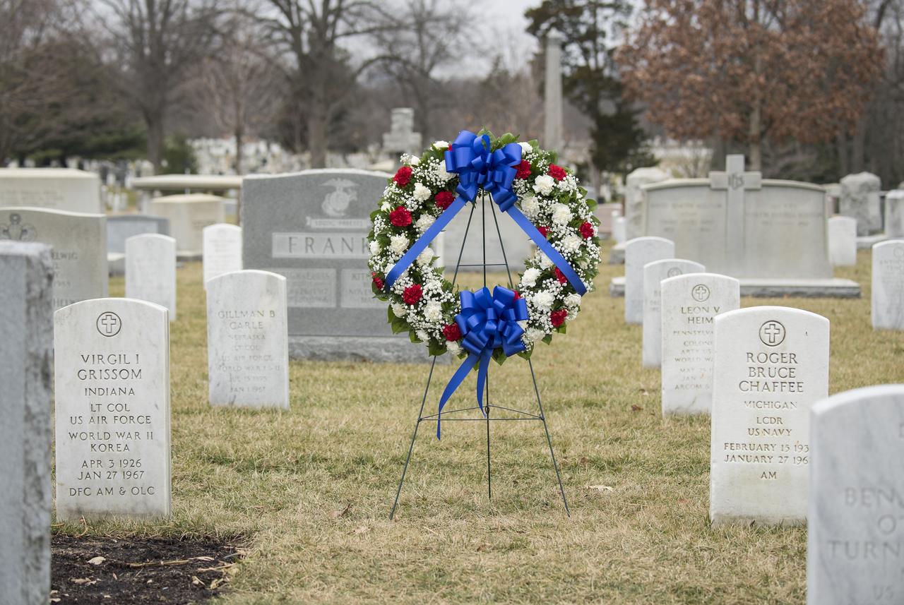 The grave markers of Virgil "Gus" Grissom and Roger Chaffee, from Apollo 1, are seen before a wreath laying ceremony that was part of NASA's Day of Remembrance, Thursday, Feb. 7, 2019, at Arlington National Cemetery in Arlington, Va.  Wreaths were laid in memory of those men and women who lost their lives in the quest for space exploration.  Photo Credit: (NASA/Aubrey Gemignani)